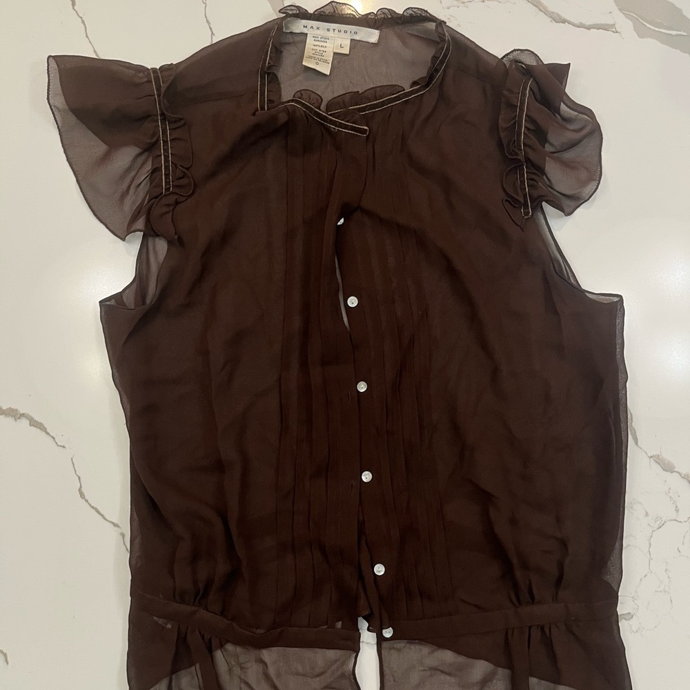 Max Studio Brown Sheer Ruffle Blouse. Size L